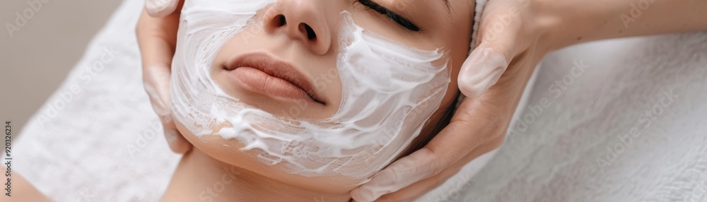 A woman enjoys a relaxing facial treatment with a creamy mask applied to her skin, promoting wellness and rejuvenation. A woman enjoys a relaxing facial treatment with a creamy mask applied to her skin, promoting wellness and rejuvenation.