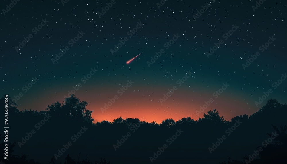 Night sky with shooting star above silhouetted trees during twilight Night sky with shooting star above silhouetted trees during twilight