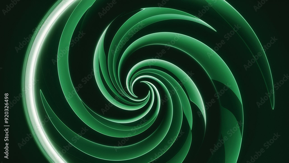 Create a hypnotic vortex of verdant hues against a pitch-black canvas, embellished with graceful arcs and radiant accents. Generated ai