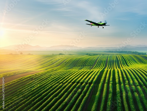 Aerial view of a colorful farm with rows of crops and a plane flying above, capturing agricultural beauty at sunrise.