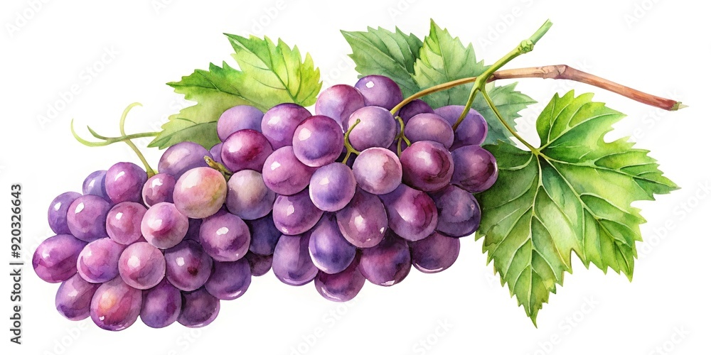 Obraz premium Watercolor of purple grapes with green leaves on white background, purple grapes, green leaves, watercolor,white background