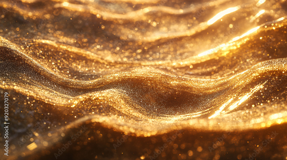 golden particles and sprinkles for holiday. shiny golden lights. Defocused Golden Particles Glittery against Dark Background with Copy Space.