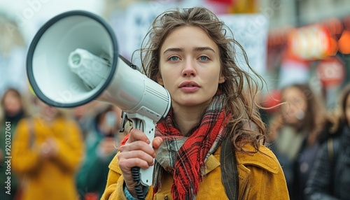 People on strike protesting with megaphone