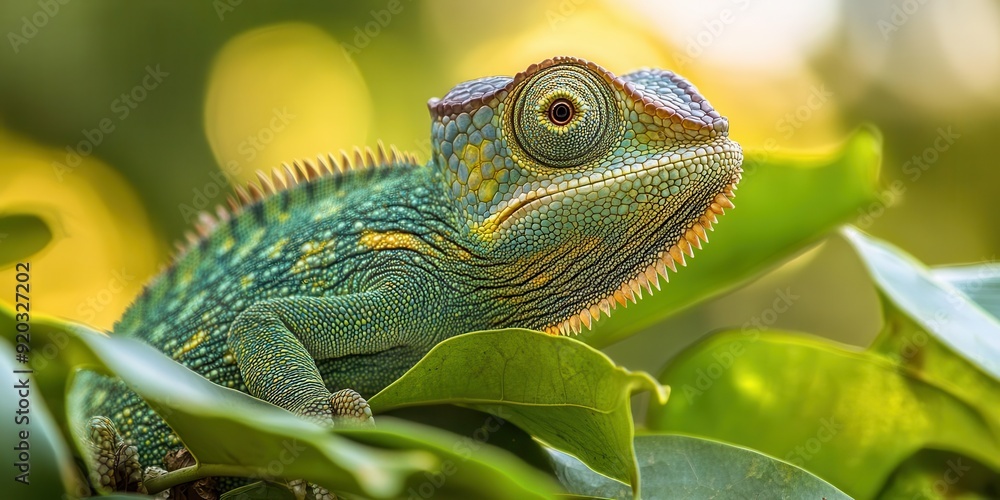 Fototapeta premium A close-up image capturing the scales of a chameleon blending into the foliage, side view, with detailed focus on the texture.