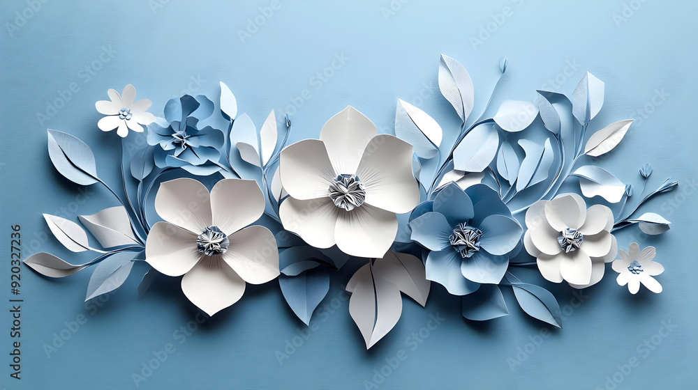 A decorative arrangement of blue and white paper flowers and leaves, showcasing artistry. A decorative arrangement of blue and white paper flowers and leaves, showcasing artistry.