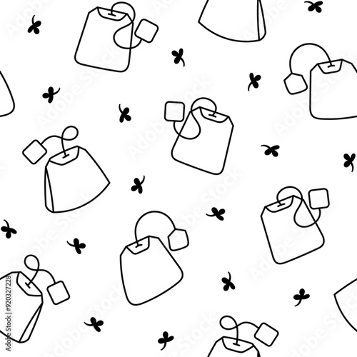 Bag of tea. Seamless pattern. Coloring Page. Breakfast. Hand drawn style. Vector drawing. Design ornaments.