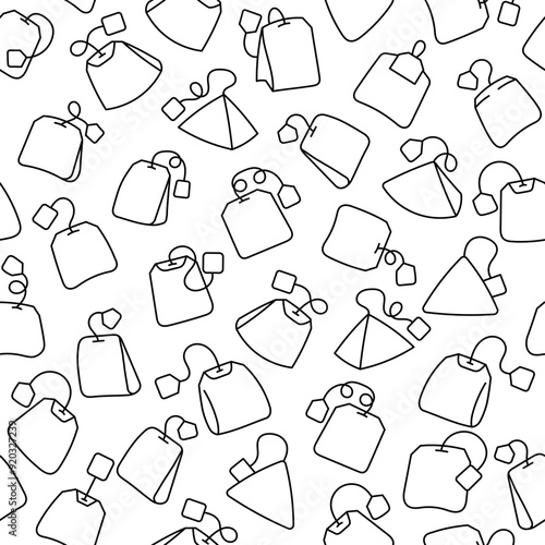 Bag of tea. Seamless pattern. Coloring Page. Breakfast. Hand drawn style. Vector drawing. Design ornaments.