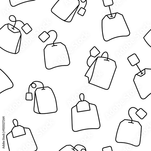Bag of tea. Seamless pattern. Coloring Page. Breakfast. Hand drawn style. Vector drawing. Design ornaments.