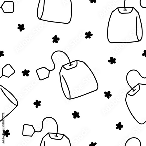Bag of tea. Seamless pattern. Coloring Page. Breakfast. Hand drawn style. Vector drawing. Design ornaments.