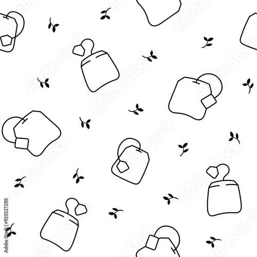 Bag of tea. Seamless pattern. Coloring Page. Breakfast. Hand drawn style. Vector drawing. Design ornaments.