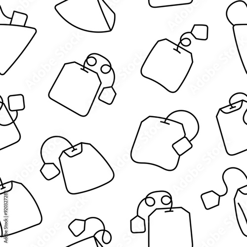 Bag of tea. Seamless pattern. Coloring Page. Breakfast. Hand drawn style. Vector drawing. Design ornaments.