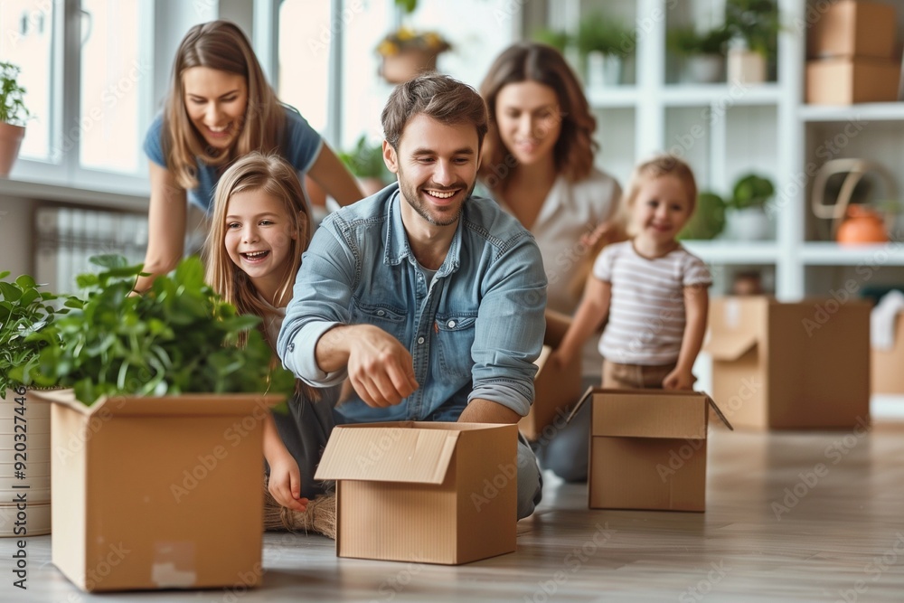 A cheerful young family enjoys moving day A cheerful young family enjoys moving day