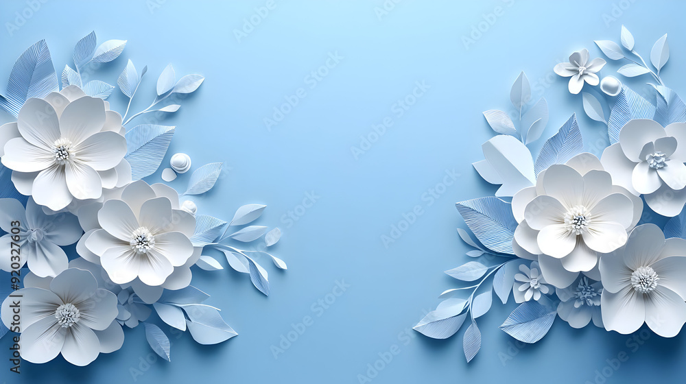 A serene blue background adorned with intricate paper flowers and leaves. A serene blue background adorned with intricate paper flowers and leaves.