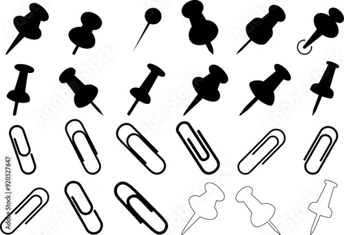 Pushpin paperclip vector illustration set, office supplies, and stationery silhouettes on white, Ideal for design projects, presentations, and educational materials. versatile clip for various uses