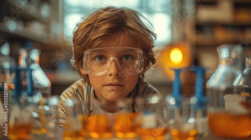 A young boy is circling an orange liquid in the top of a beaker with blue pipes in a school science class
