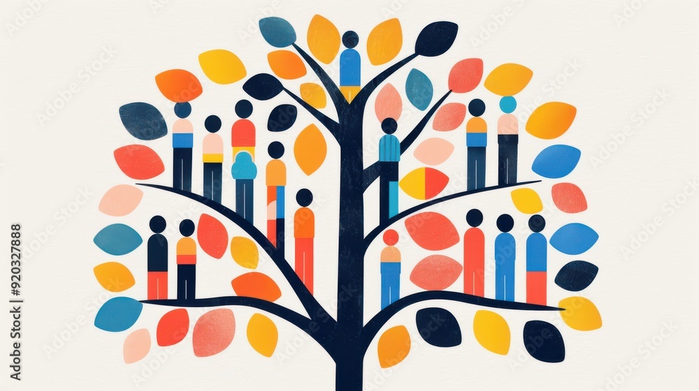 Colorful tree illustration symbolizing community, growth, and connection featuring diverse figures among foliage. Colorful tree illustration symbolizing community, growth, and connection featuring diverse figures among foliage.
