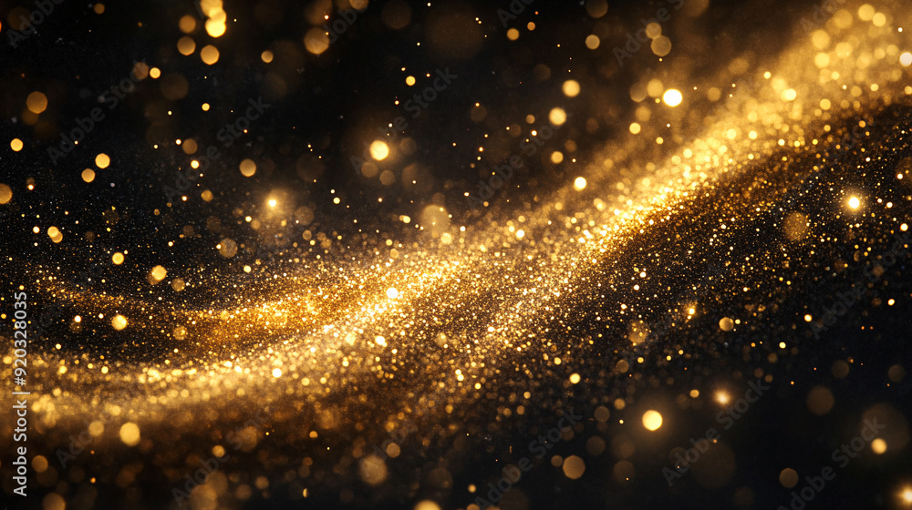 Naklejka premium golden particles and sprinkles for holiday. shiny golden lights. Defocused Golden Particles Glittery against Dark Background with Copy Space.