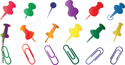 Colorful pushpin, paperclip, and thumbtack isolated on white background. Perfect for office, school, or creative projects