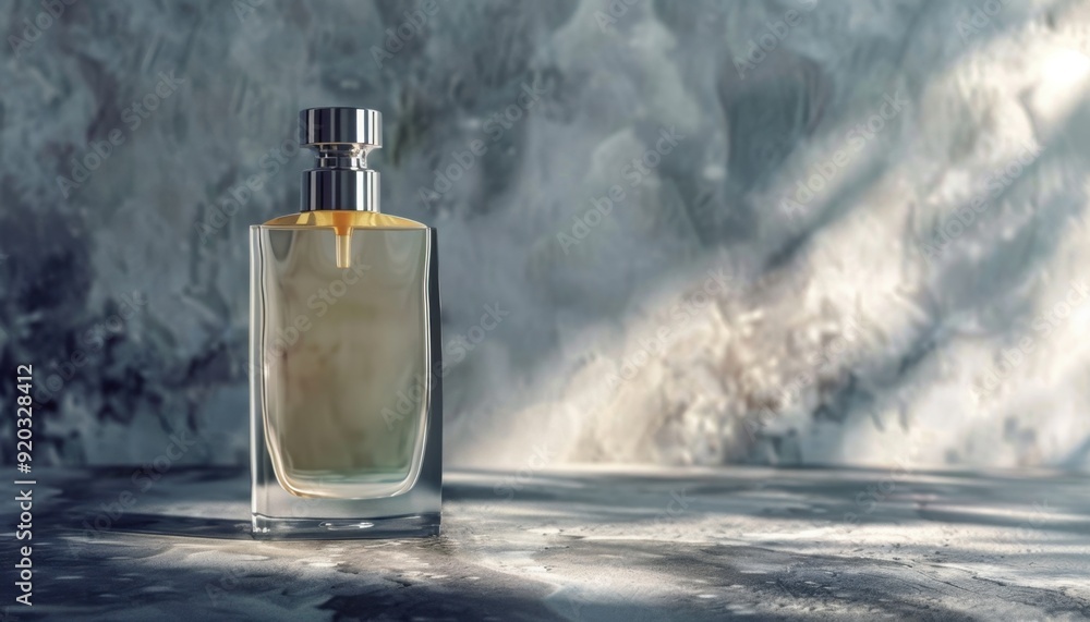 Elegant glass perfume bottle on a textured surface with soft natural lighting Elegant glass perfume bottle on a textured surface with soft natural lighting