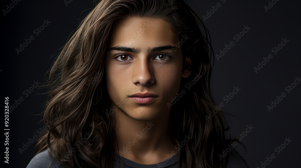 Fototapeta premium Happy cheerful young latino generation z. Smiling ethnic cool generation z teenage student, long hair, gray background.