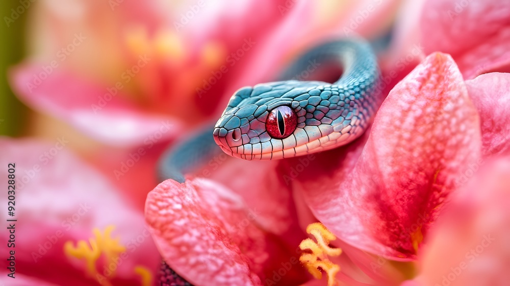 Obraz premium Snake on a Flower: A small, colorful snake resting on a bright, blooming flower. 