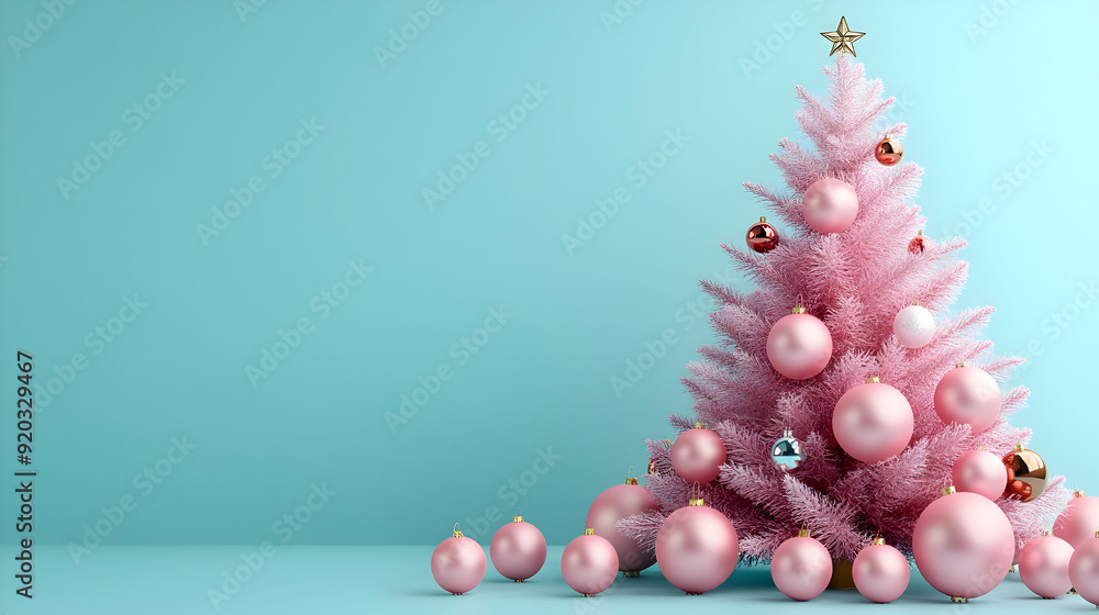A pink Christmas tree adorned with ornaments against a light blue background. A pink Christmas tree adorned with ornaments against a light blue background.