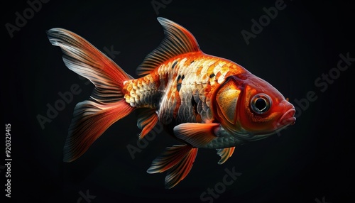 A vibrant goldfish swims gracefully in a dark aquarium setting, showcasing its vivid colors