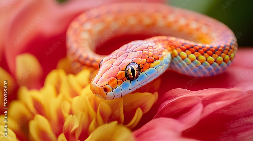 Obraz premium Snake on a Flower: A small, colorful snake resting on a bright, blooming flower. 