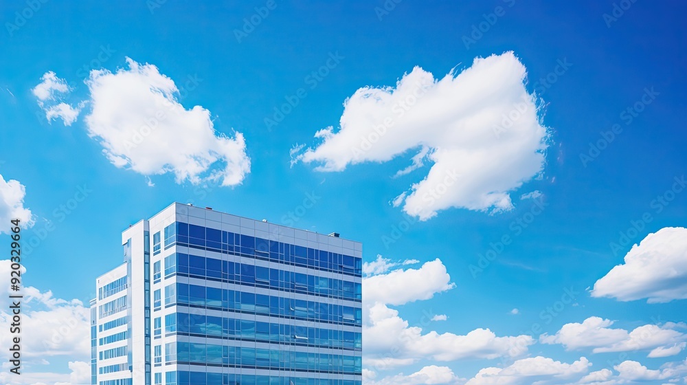 Modern office building with blue windows against a blue sky and white clouds Modern office building with blue windows against a blue sky and white clouds