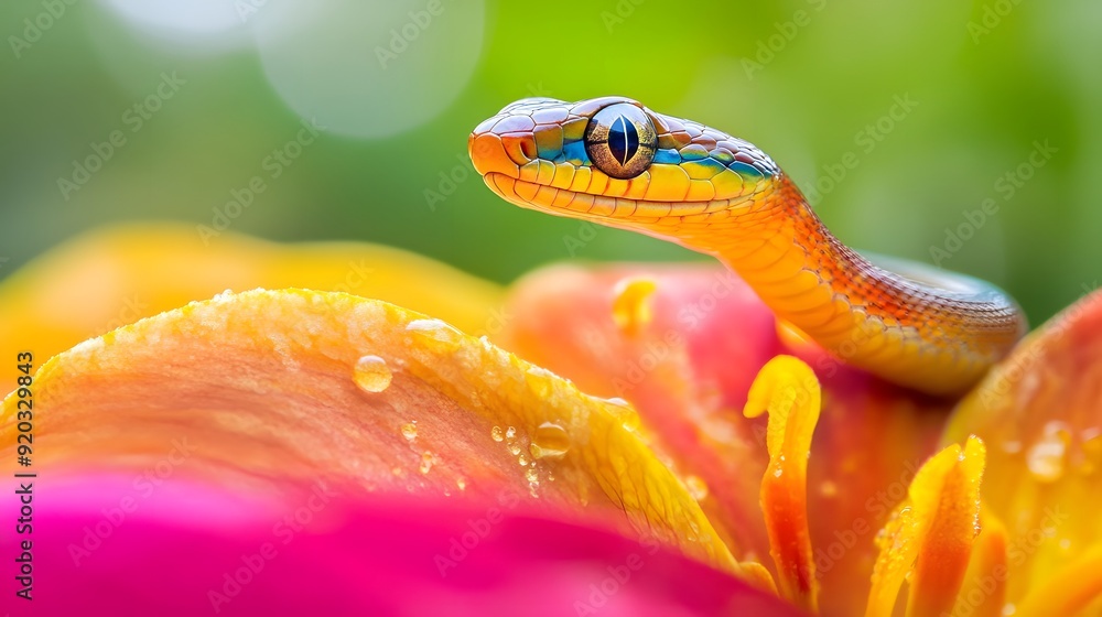 Snake on a Flower: A small, colorful snake resting on a bright, blooming flower.
Snake on a Flower: A small, colorful snake resting on a bright, blooming flower.