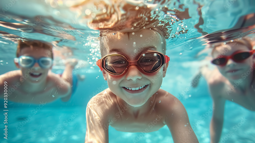 Naklejka premium A little boy swimming underwater with his family in a swimming pool during summer vacation.