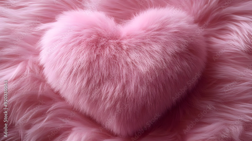 A fluffy pink heart-shaped cushion on a soft pink background. A fluffy pink heart-shaped cushion on a soft pink background.
