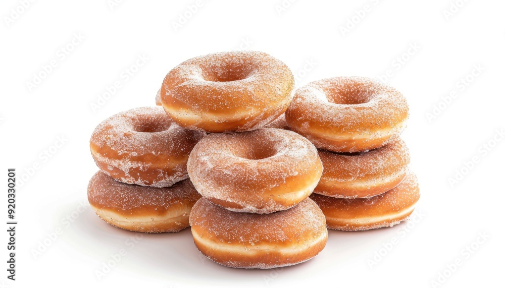 Freshly made sugared donuts stacked on a white background Freshly made sugared donuts stacked on a white background