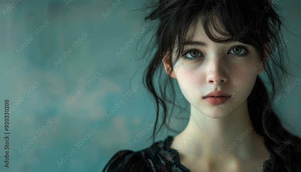 A young woman gazes thoughtfully against a soft blue backdrop in a serene indoor setting A young woman gazes thoughtfully against a soft blue backdrop in a serene indoor setting
