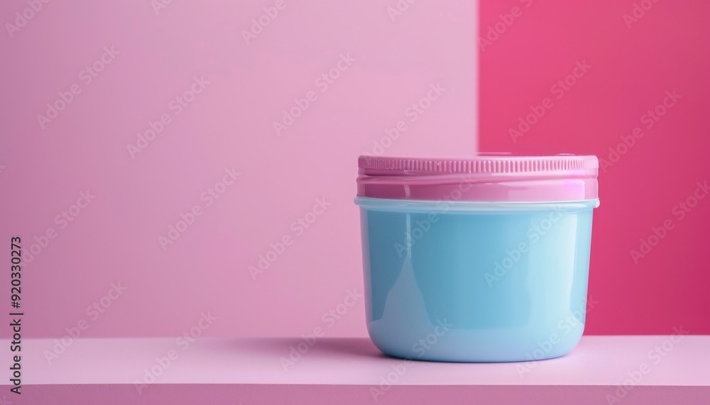 Pink and blue container on a shelf against a colorful background Pink and blue container on a shelf against a colorful background