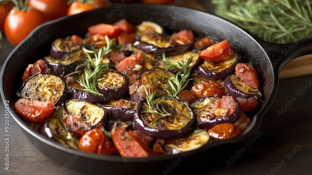 Eggplant, pomodoro, pasta, skillet. Generative AI Eggplant, pomodoro, pasta, skillet. Generative AI
