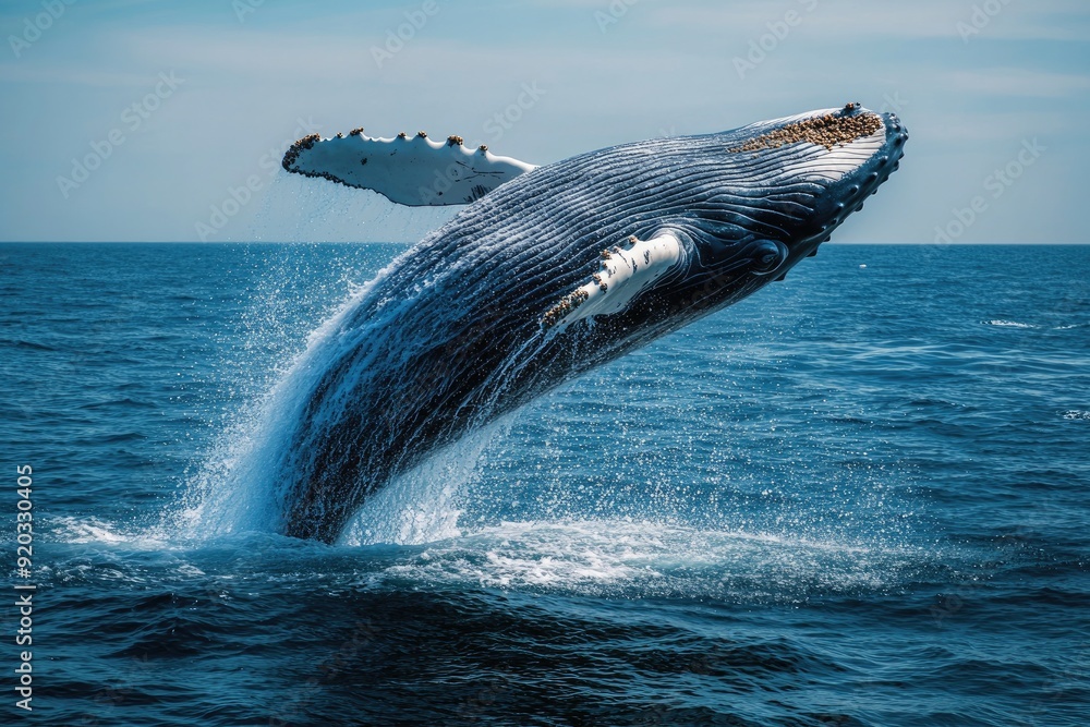 Fototapeta premium Majestic whale emerging from the ocean waterscape.