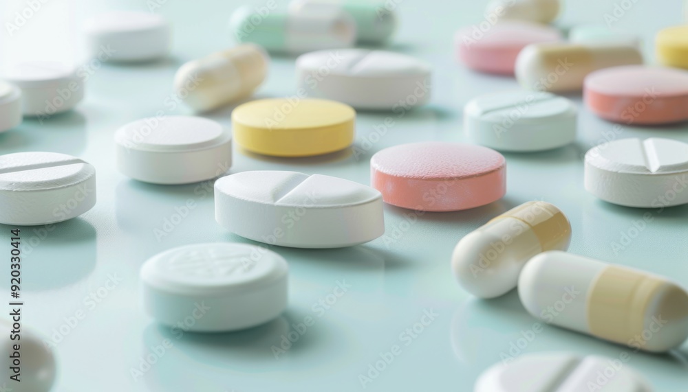 Variety of colorful tablets and capsules displayed on a light surface Variety of colorful tablets and capsules displayed on a light surface