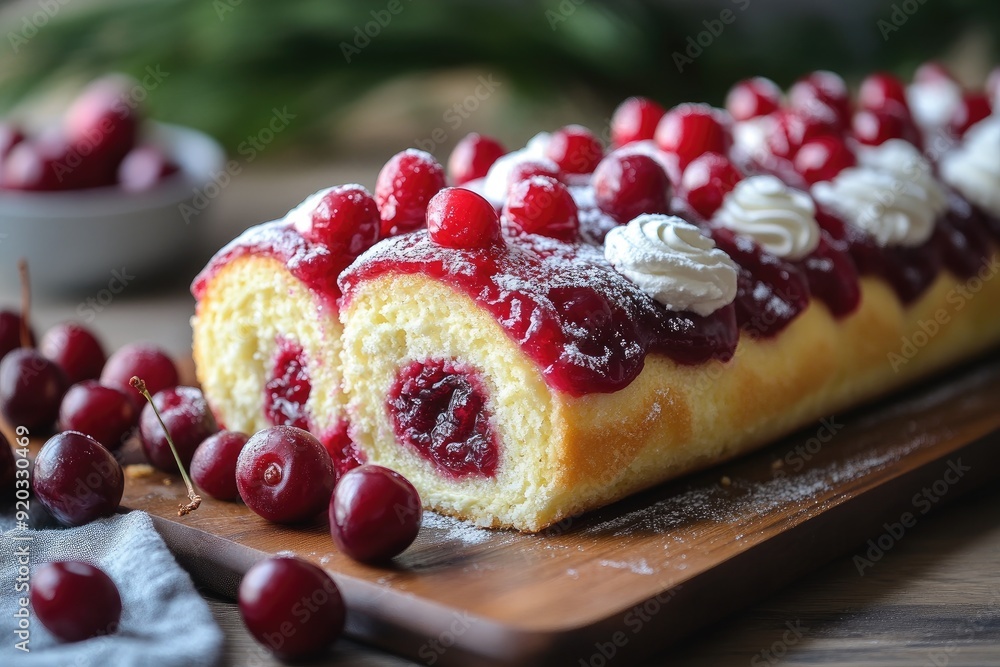 Delicious cherry roll cake with whipped cream topping Delicious cherry roll cake with whipped cream topping