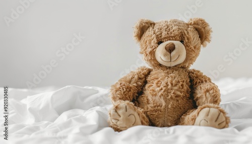 Soft teddy bear sitting on a white bedspread in a bright, cozy room