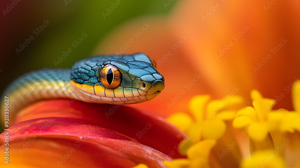 Snake on a Flower: A small, colorful snake resting on a bright, blooming flower.
Snake on a Flower: A small, colorful snake resting on a bright, blooming flower.