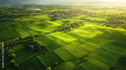 Aerial view of green farmland fields in countryside. Wallpaper background photo for product advertisement, tourism.