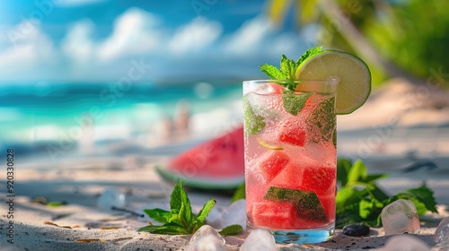 A refreshing beach cocktail garnished with mint leaves and a slice of watermelon, set against a tropical beach backdrop with turquoise waters and a sandy shore.