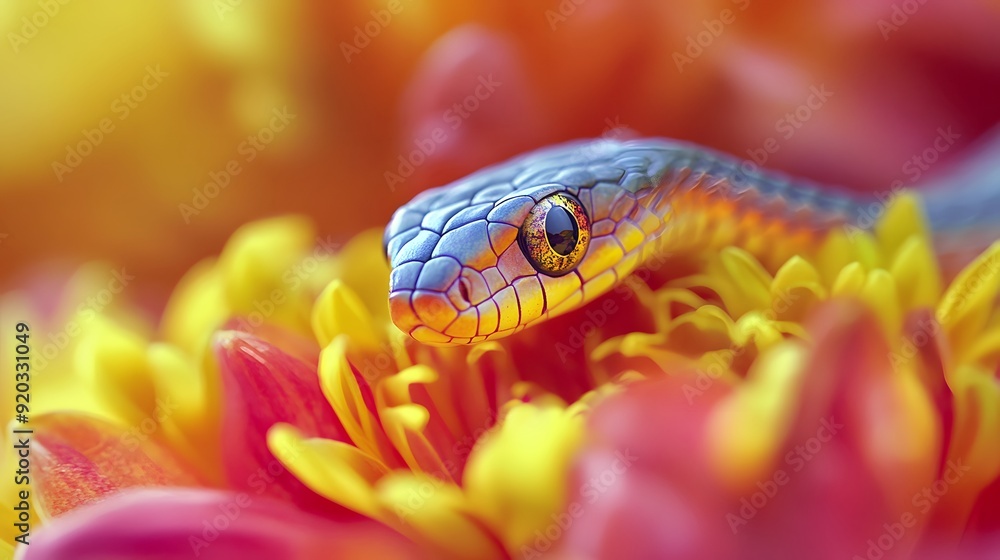 Snake on a Flower: A small, colorful snake resting on a bright, blooming flower.
Snake on a Flower: A small, colorful snake resting on a bright, blooming flower.