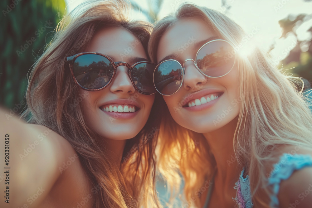 Two women wearing sunglasses and smiling for a selfie. Scene is happy and carefree Two women wearing sunglasses and smiling for a selfie. Scene is happy and carefree