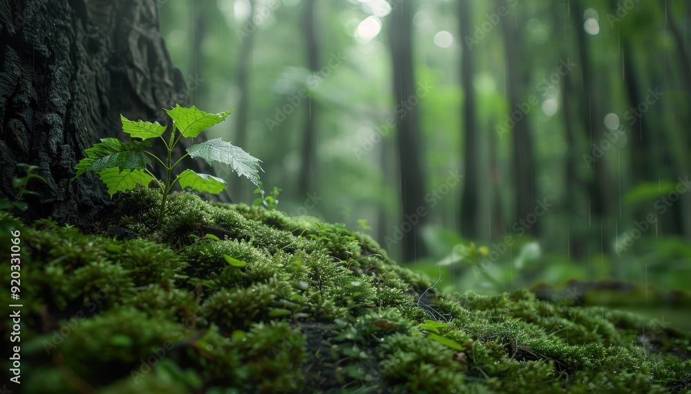 New sprout grows on lush moss under a tall tree in a serene forest during early morning New sprout grows on lush moss under a tall tree in a serene forest during early morning