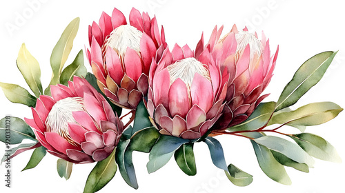 Fototapeta Naklejka Na Ścianę i Meble -  A watercolor illustration of pink protea flowers surrounded by green leaves.