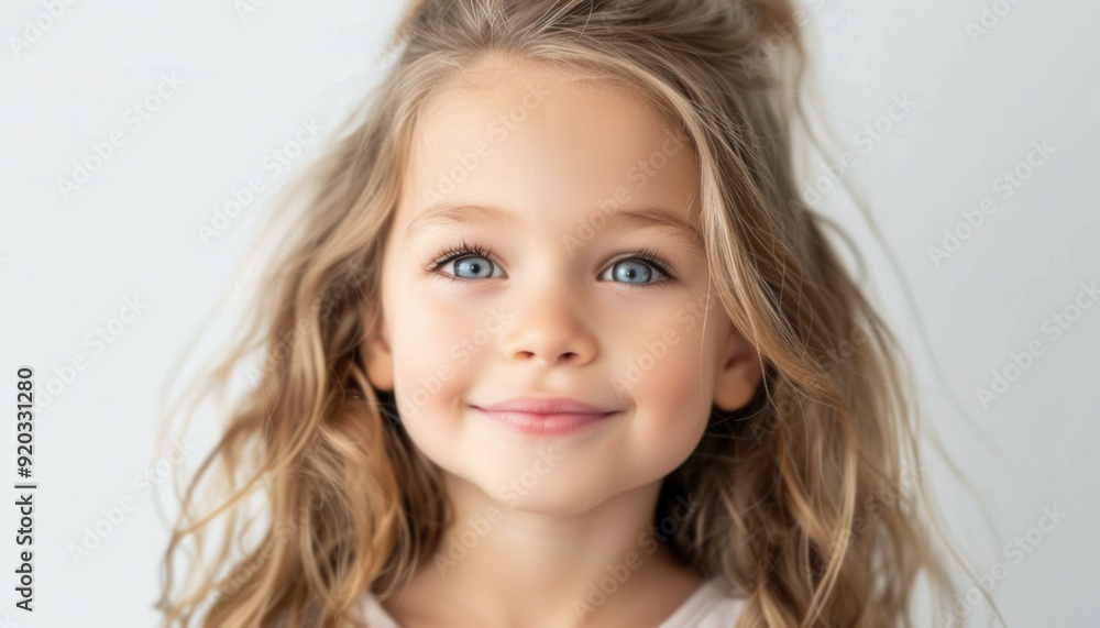 Smiling young girl with long curly hair in a neutral indoor setting Smiling young girl with long curly hair in a neutral indoor setting