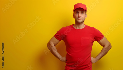 Young man in a red cap and t-shirt with a confused expression on a yellow background.