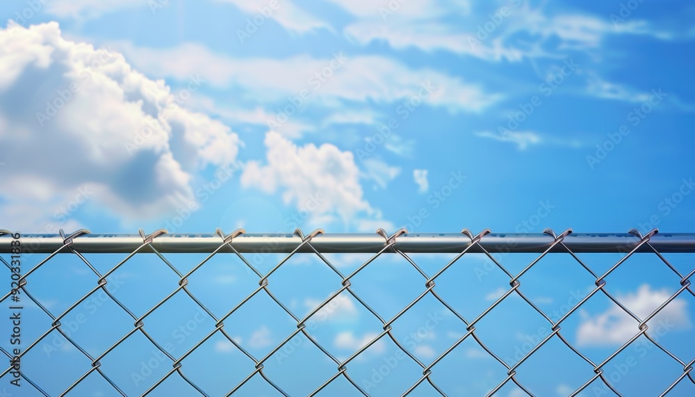 Chain-link fence against a bright blue sky with scattered clouds during the day Chain-link fence against a bright blue sky with scattered clouds during the day